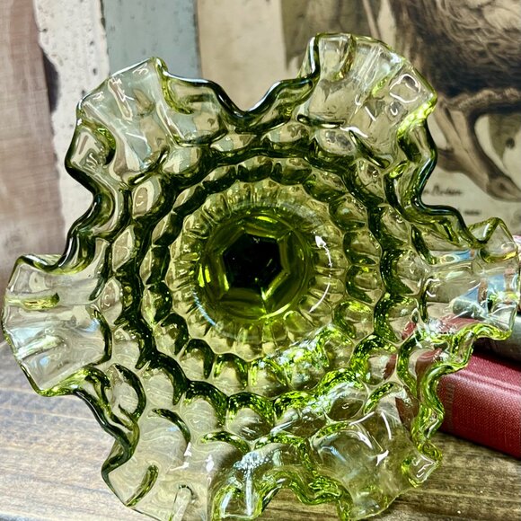 Fenton Thumbprint Colonial Green Double Crimp Designed Round Compote - Picture 7 of 7